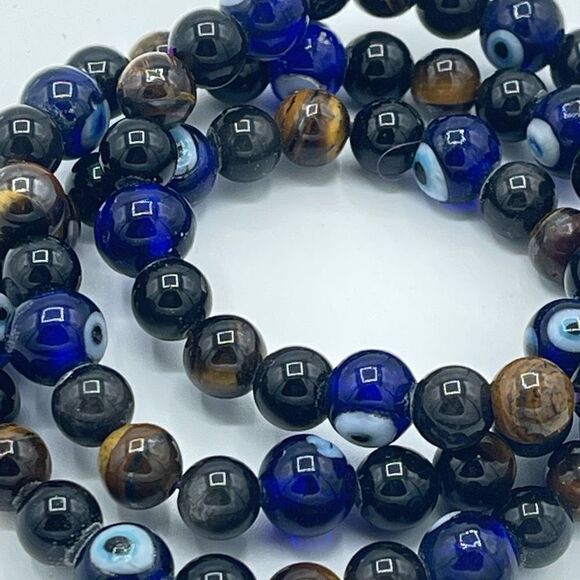 Crystal beaded stretch bracelet ONE NEW evil eye yellow tiger eye silver obsidia - Picture 8 of 10